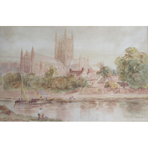 98 - A Hartland, watercolour, view of Worcester Cathedral across the river, 11.5ins x 17.5ins