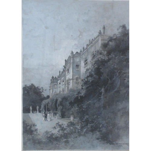 99 - G Montbard, two monochrome watercolours, country house views, 14.5ins x 10.5ins and 10.5ins x 14.5in... 