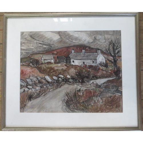 119 - A pastel of a Welsh/Cornish landscape, indistinctly signed, 15ins x 19ins, indistinctly signed