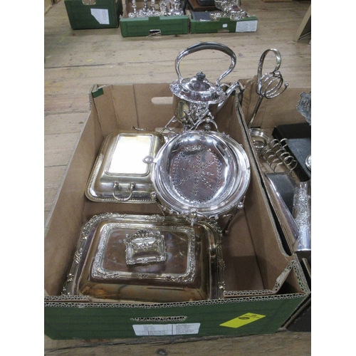 221 - Two boxes of assorted silver plate , to include entrée dishes, spirit kettle, toast racks etc