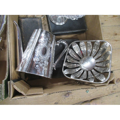 221 - Two boxes of assorted silver plate , to include entrée dishes, spirit kettle, toast racks etc