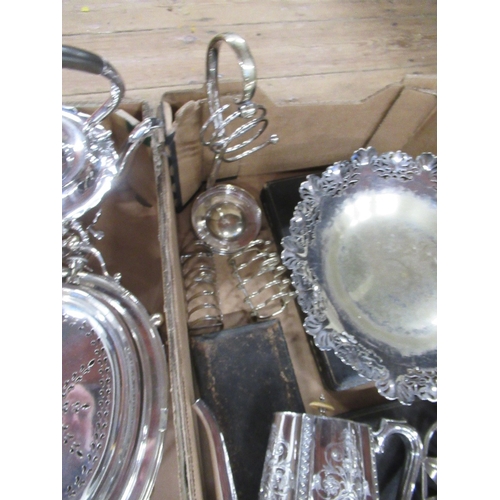 221 - Two boxes of assorted silver plate , to include entrée dishes, spirit kettle, toast racks etc