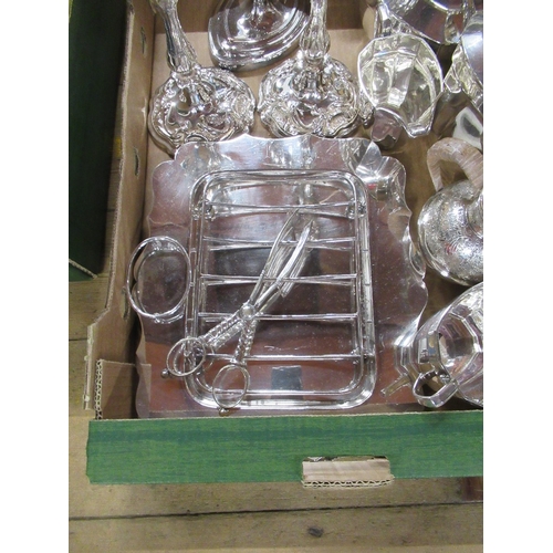 221A - Three boxes of assorted silver plate to include four branch candelabra , tea set , jersey jug, flatw... 