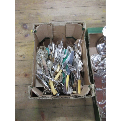 221A - Three boxes of assorted silver plate to include four branch candelabra , tea set , jersey jug, flatw... 