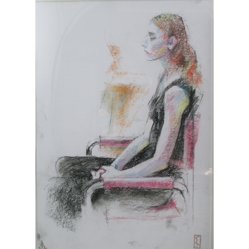 93 - Two pastels, girl seated in a chair and a girl hugging her knees, both monogrammed, 2010 and 2013, 1... 