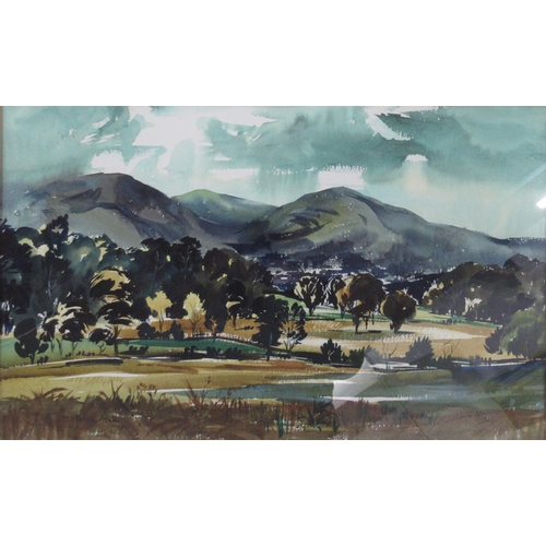 100 - Peter Atkin, watercolour, The Malverns From Above Croome Court, 12.5ins x 20ins, together with Vivie... 