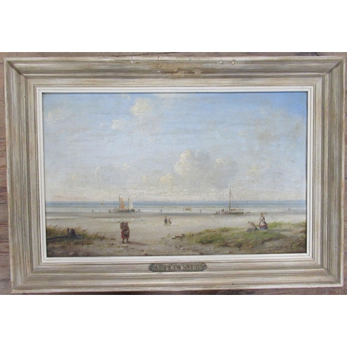 102 - Ary Pleysier, oil on wooden panel, beach scene with figures and boats, 13.5ins x 22ins