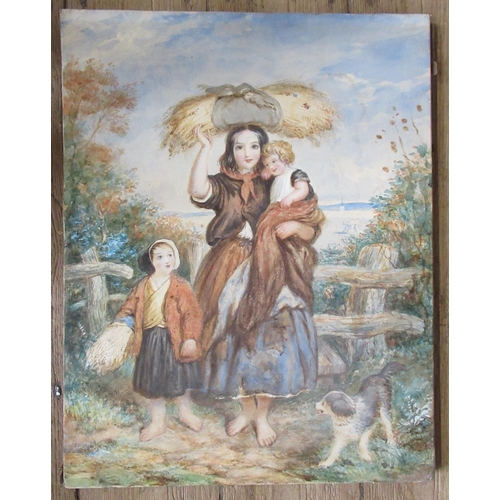 105A - An unframed watercolour, mother, children and dog with corn