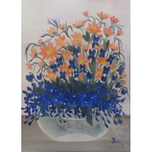 106 - Xaui ??, pair of Spanish school oil on canvas, still lives of flowers in a vase, 15ins x 11ins