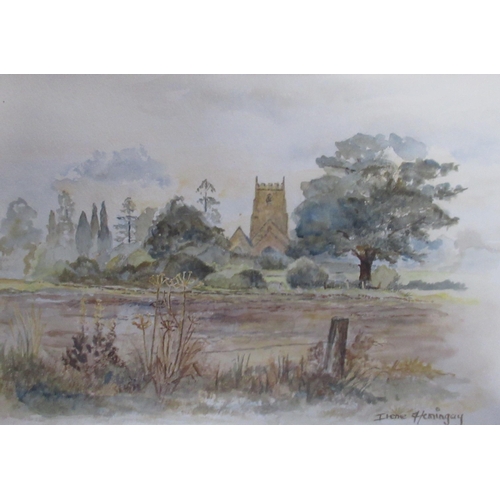 114 - Irene Hemingay, watercolour, rural scene with church, together with a print of On The River Lledr