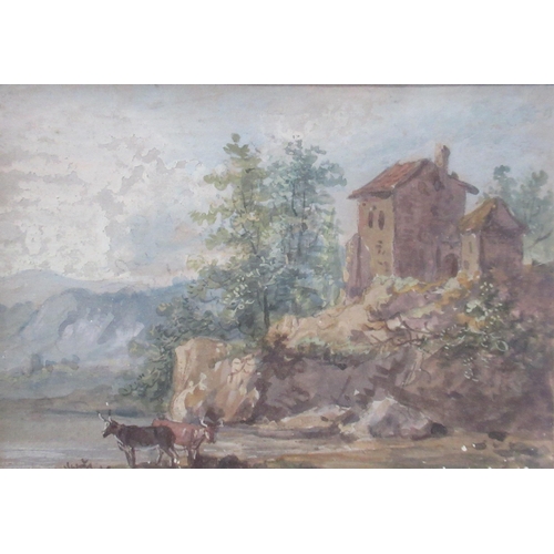 124 - Attributed to Paul Sanby, three watercolours, Continental landscapes, approx. 3ins x 4ins