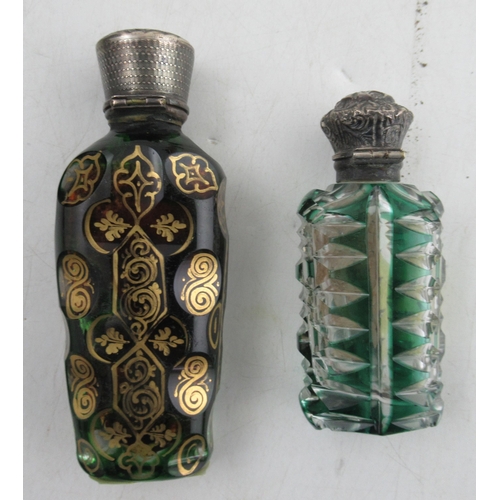 181 - Two 19th century glass scent bottles, one overlaid with green, the other decorated gilt to green gla... 