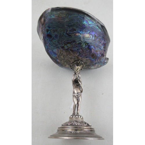 196 - A polished shell, with mother of pearl finish, raised on a silver stand with figural column, to a ci... 