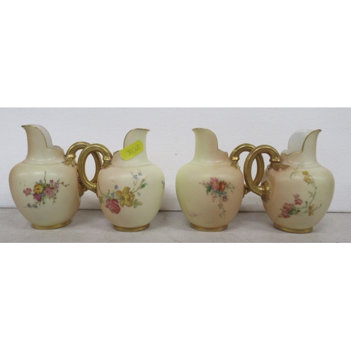 251 - Four Royal Worcester blush ivory flat back jugs, decorated with floral sprays, shape number 1094, he... 