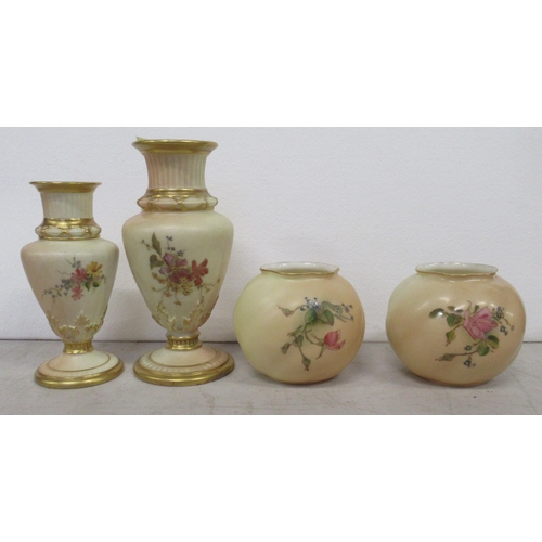 252 - A pair of Royal Worcester blush ivory vases, decorated with floral sprays, shape number G161, togeth... 