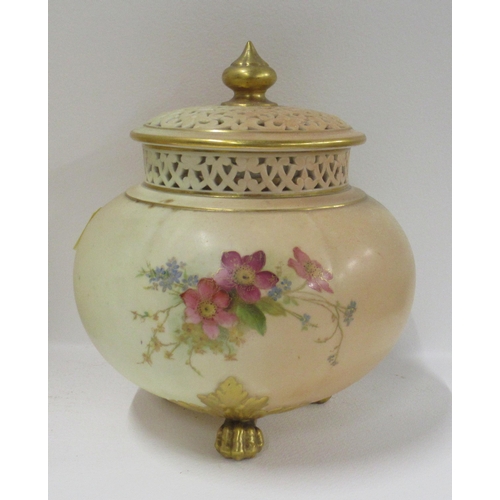 275 - A Royal Worcester blush ivory covered pot pourri, with inner cover, decorated with floral sprays, sh... 