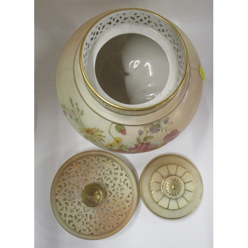 275 - A Royal Worcester blush ivory covered pot pourri, with inner cover, decorated with floral sprays, sh... 