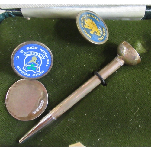 345 - A sterling silver golf tee, in case, together with a pair of gold plated cuff links, an agate stick ... 