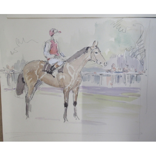 80 - Two watercolours of thoroughbred horses, one with jockey up, both unframed