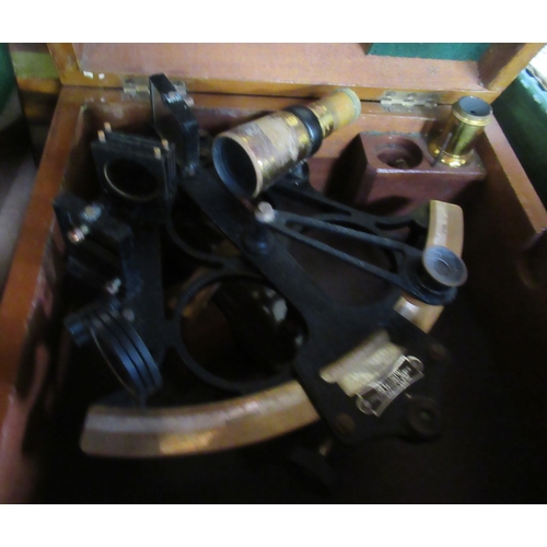 505 - Two boxes of sundries, to a cased Hezzanith Sextant, writing slope etc