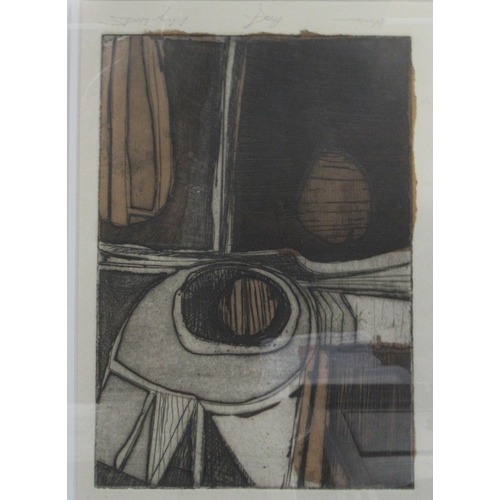 122 - Two Islwyn Watkins etchings, aquatint college Wisconsin, 12ins x 9ins, and a collage Barcode for Mar... 