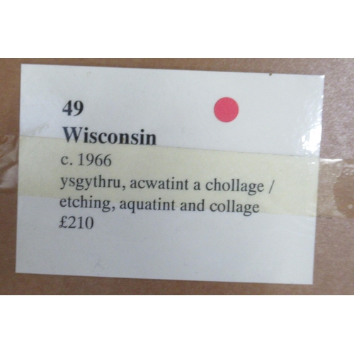 122 - Two Islwyn Watkins etchings, aquatint college Wisconsin, 12ins x 9ins, and a collage Barcode for Mar... 