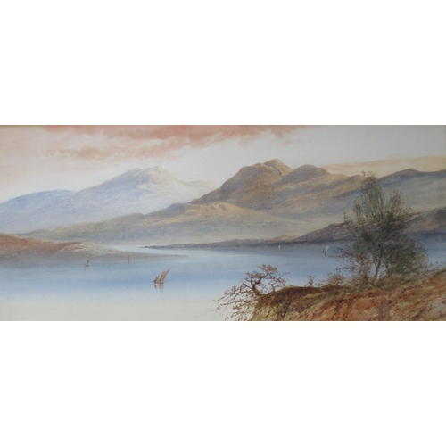 123 - W H Earp, pair of watercolours, lake scenes, with figures and mountains, 9.5ins x 21ins