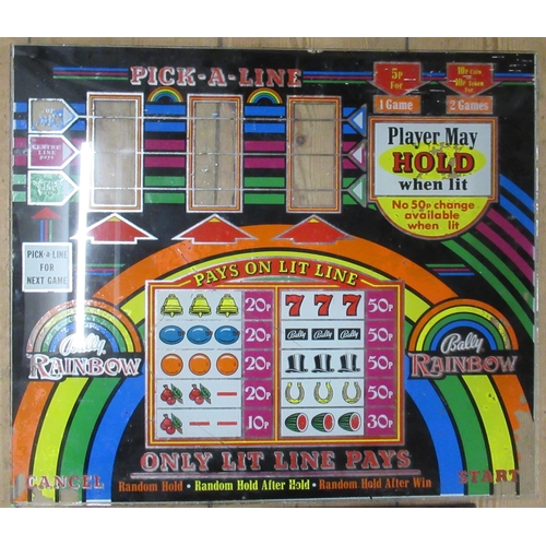 133 - Two glass fruit machine panels, Bally Rainbow 15.5ins x 18ins and Bally Golden Crown 12ins x 14ins