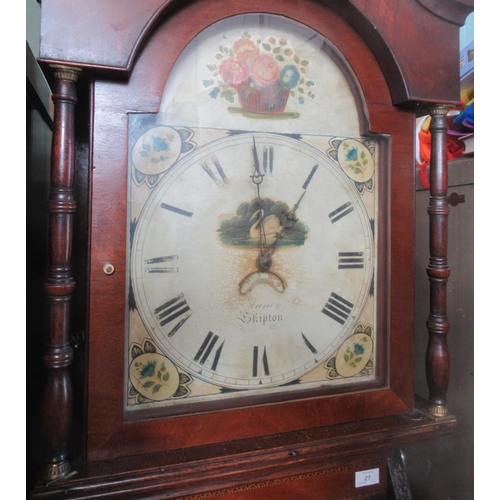 21 - A mahogany long case clock with painted dial inscribed Skipton