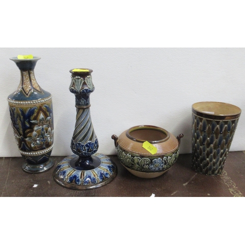 242 - Four pieces of Doulton Lambeth, to include candlestick, vase