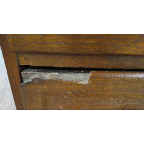 28 - A narrow oak chest, of two short over three long drawers, on bun feet, 26.5ins x 16.5ins, height 40.... 