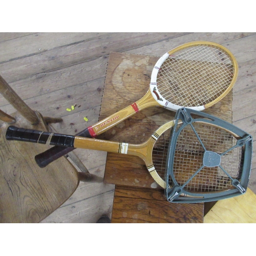 5 - A collection of furniture, to include a chair, box, nest of tables and two vintage rackets