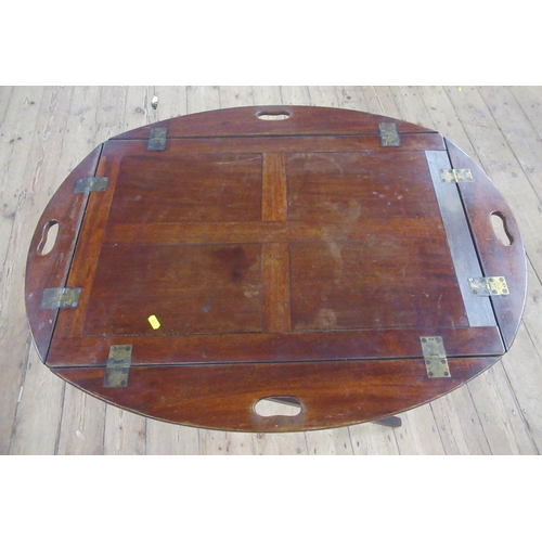 56 - A 19th century mahogany butlers tray on stand, the tray with hinged sides, tray 30ins x 19ins with s... 