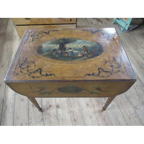 89 - A 19th century Sheraton satin wood Pembroke table with painted decoration, width 33ins, height 29ins