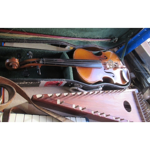 361 - A cased violin, string instrument, a Hohner accordion and a drum