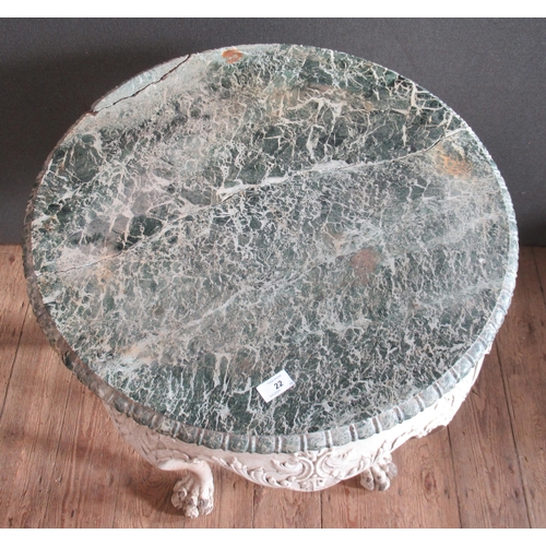 22 - An Antique marble top occasional table, the broken marble top over a painted base, raised on four ca... 