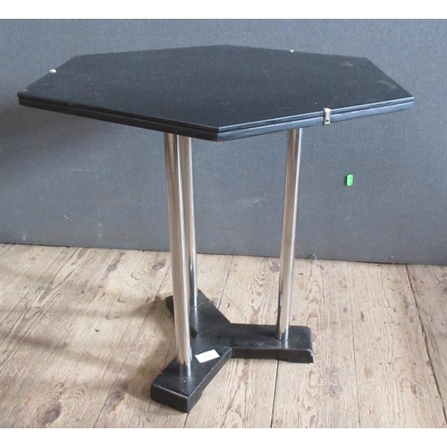 27 - A 1930's Art Deco chrome and glass drinks table, the hexagonal black painted glass top supported by ... 