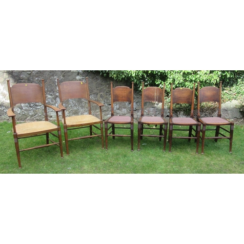 44 - A set of 6 (4+2) William Birch Arts & Crafts oak dining chairs, the armchairs with wicker seats, the... 