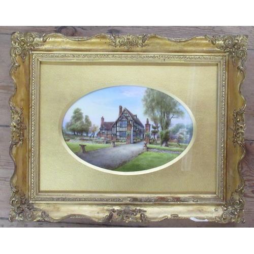 596 - An oval Royal Worcester framed porcelain plaque, decorated with a view of Huddington Court by Harry ... 