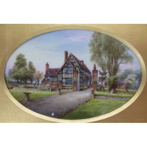 596 - An oval Royal Worcester framed porcelain plaque, decorated with a view of Huddington Court by Harry ... 