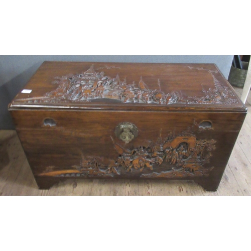 62 - An Eastern design carved blanket box, 38ins x 19ins, height 21ins, together with a similar next of t... 