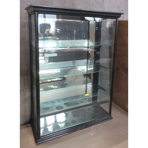 9 - An ebonised display cabinet, with mirrored back and three glass shelves, with hinged door to the bac... 