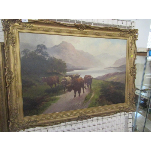 H R Hall, oil on canvas, Highland Cattle in landscape, 23.5ins x 35ins
