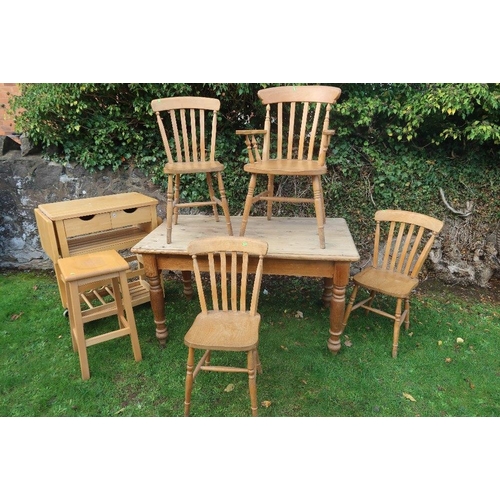 55 - A pine kitchen table , 54ins x 29ins, height 30ins together with 4 kitchen chairs, a trolley and a s... 