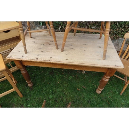 55 - A pine kitchen table , 54ins x 29ins, height 30ins together with 4 kitchen chairs, a trolley and a s... 