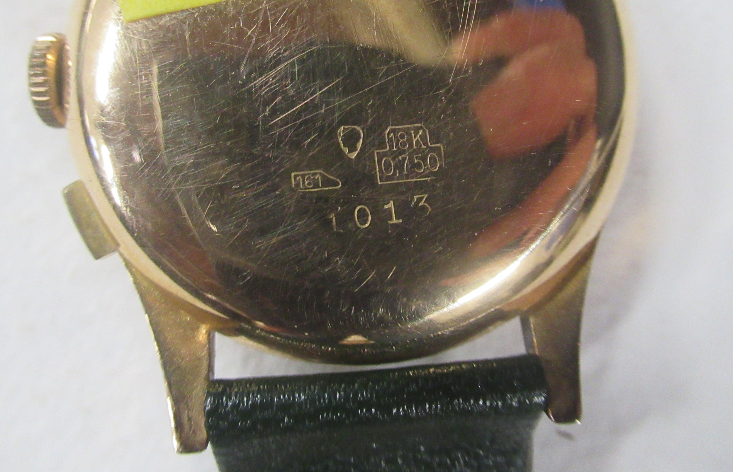 A Roga Automatic Chronograph 18k gold cased wrist watch, with leather strap