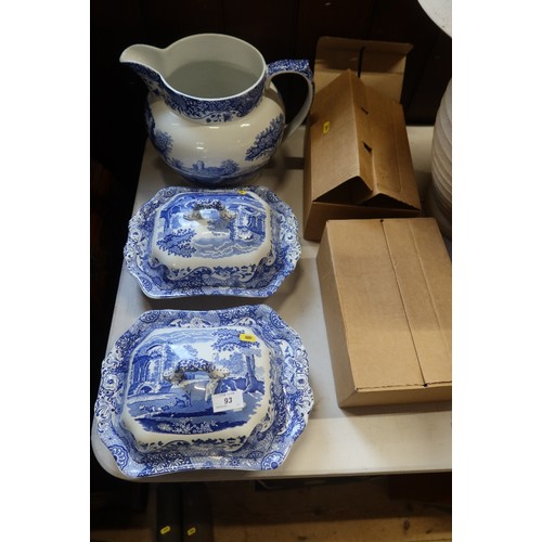 A spode wash jug and two covered tureens and a collection of mugs