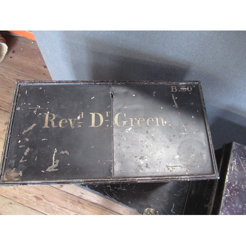 6 - Three vintage tin trunks, one with paperwork for Rev. Leslie Walker