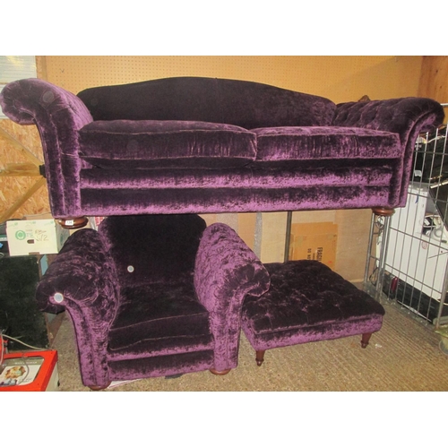 134 - Purple crushed velvet 2 seater with chair & pouffe