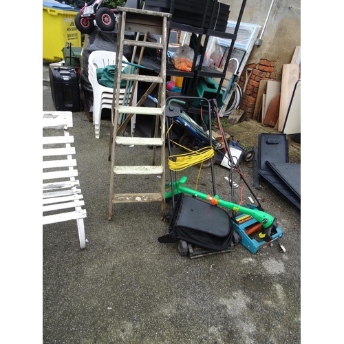 15 - vintage wooden step ladder mower etc